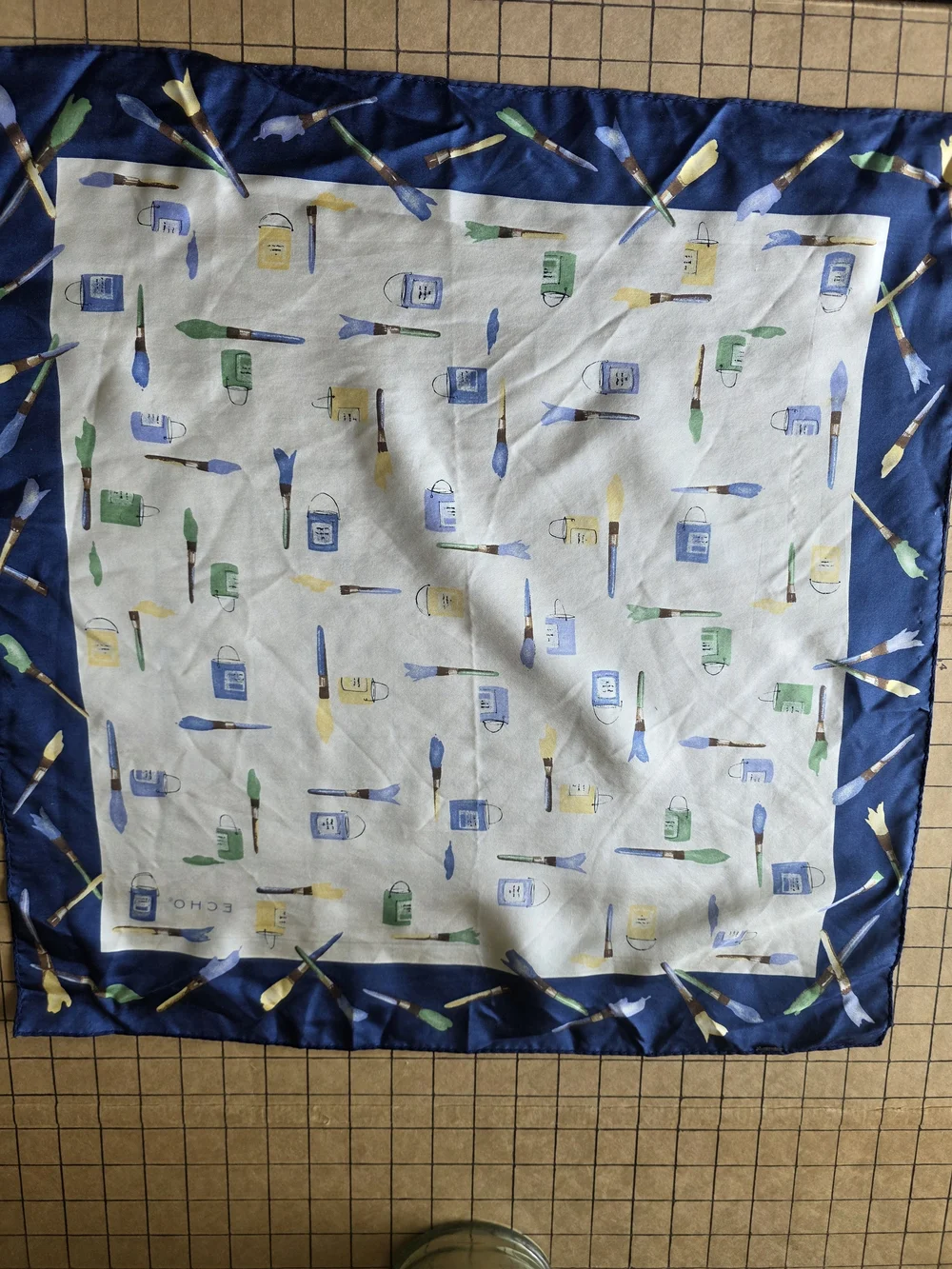 Echo Vintage Paintbrush & Paint Bottle Print Square Scarf 21x21. Rare Print